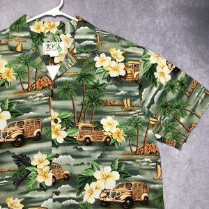 KYs Mens Floral Hawaiian Shirt size Large‎ Short Sleeve Button Up Woody Truck